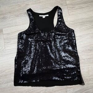 Diane von Furstenberg Black Sequin Tank Racerback Sleeveless Scoop Neck Sz 10